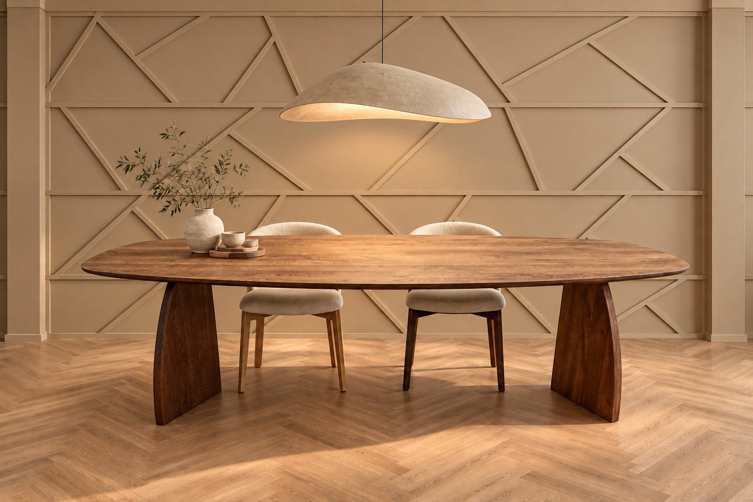 Massief eiken eettafel + Stoelen, Japandi, 100 tot 150 cm, Ophalen of Verzenden, Vijf personen of meer