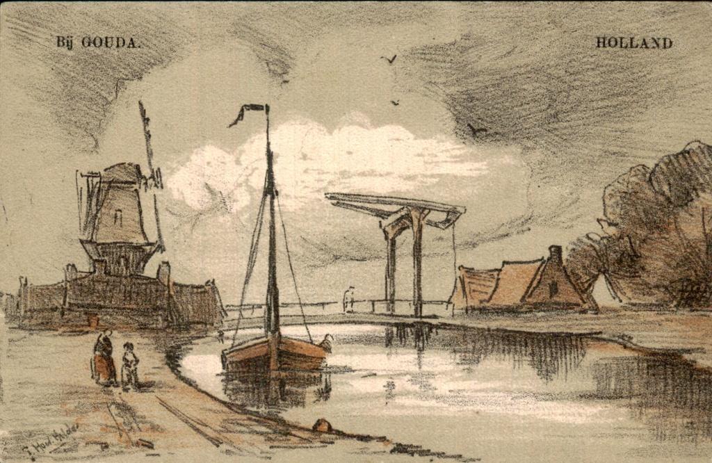 Gouda - Molens - Brug en boot, Ophalen of Verzenden, Voor 1920, Ongelopen, Zuid-Holland