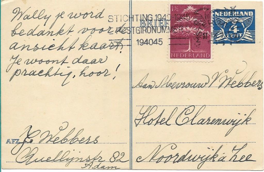 Briefkaart 1945 briefkaart van A'dam naar Noordwijk aan Zee, Verzenden, 1940 tot 1960, Gelopen, Noord-Holland