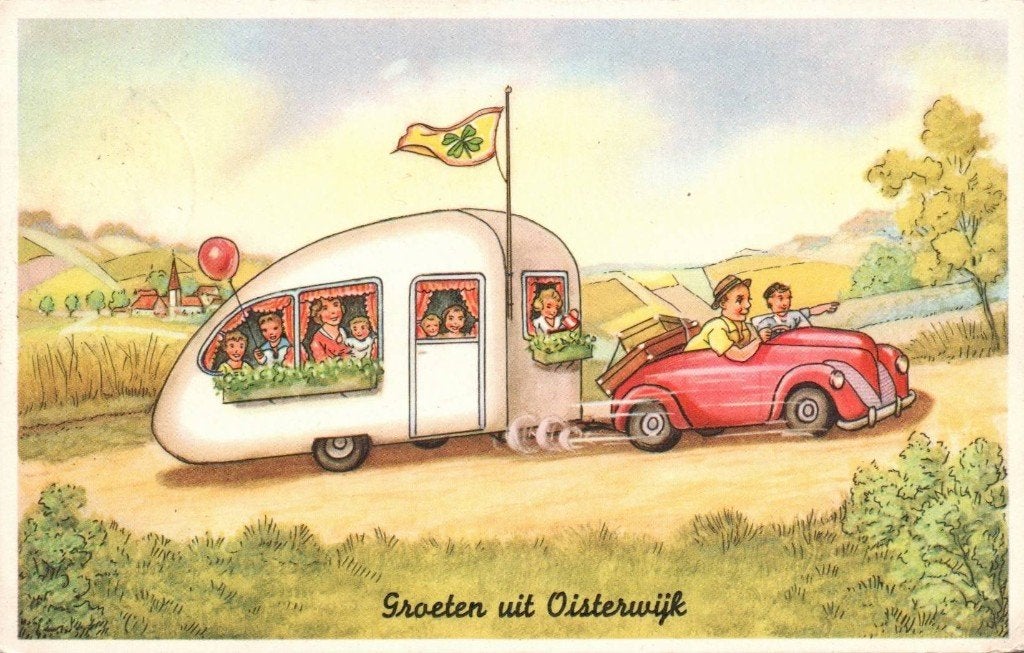 Groeten uit Oisterwijk, auto met caravan 1957, Ophalen of Verzenden, Voor 1920, Noord-Brabant