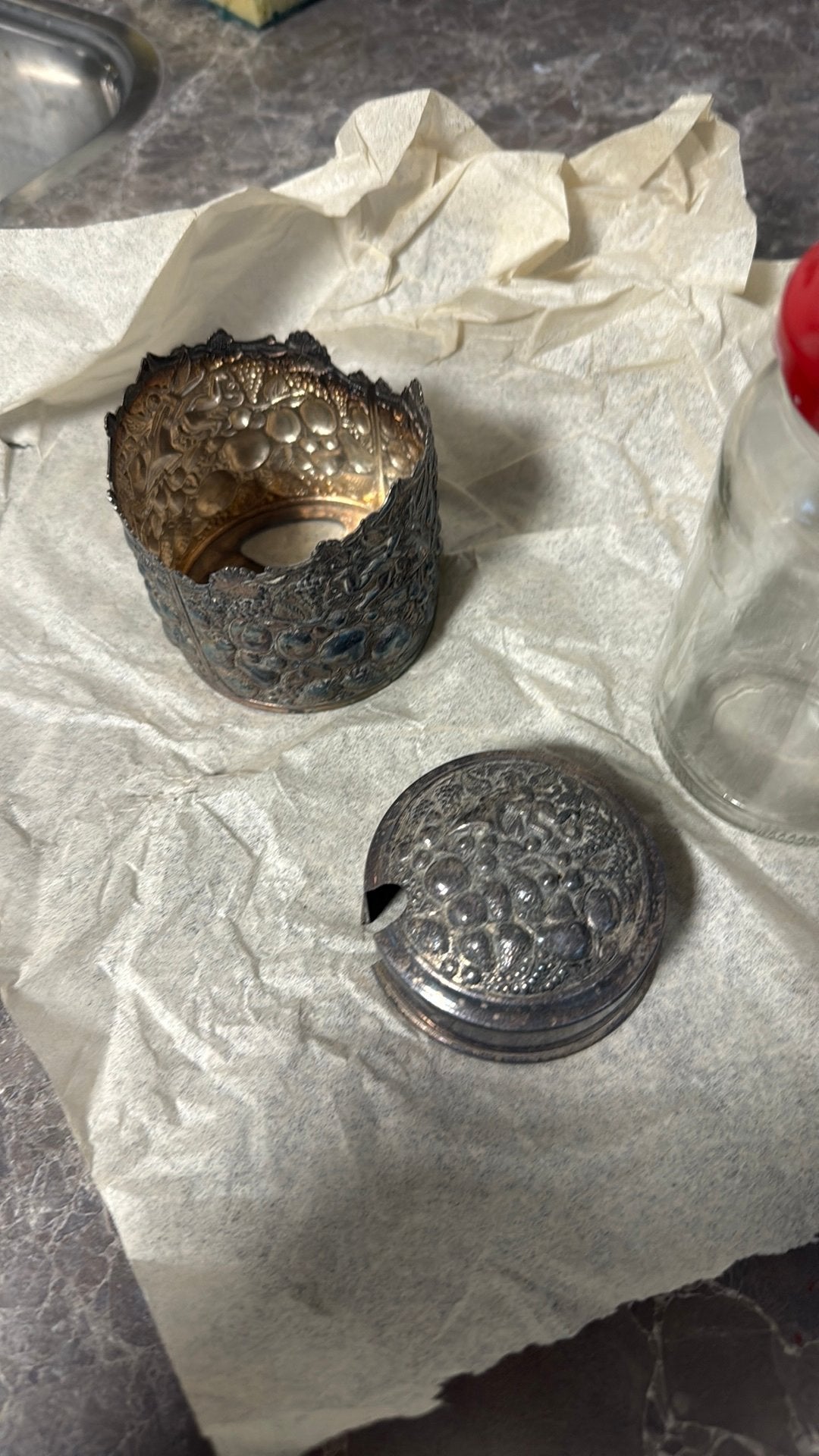 Houder en deksel voor potje, Antiek en Kunst, Antiek | Goud en Zilver, Ophalen of Verzenden