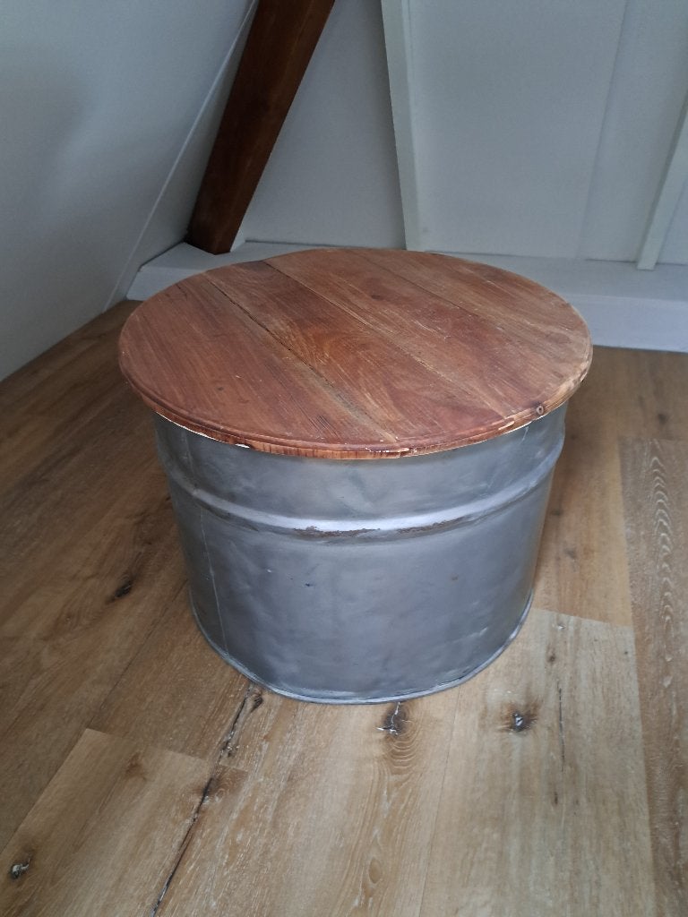 Recycle salontafel drum - Met opbergruimte, 100 tot 150 cm, Landelijk l Industrieel l stoer l modern l Japandi, Rond, 50 tot 100 cm