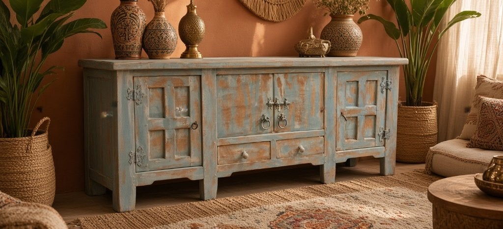 Robuust verweerd India / Ibiza stijl koloniaal dressoir, Gebruikt, Met lade(s), Eikenhout, Ophalen of Verzenden