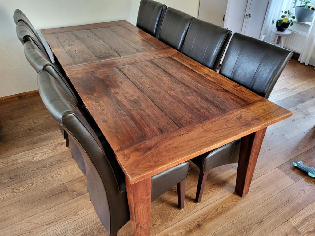 Mooie grote teakhouten eetkamertafel, Ophalen, Gebruikt, Teakhout, 200 cm of meer