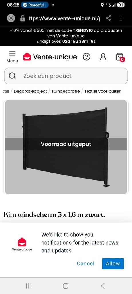 Zwart windscherm 3 x 1,6 m van katoen, Ophalen, Nieuw