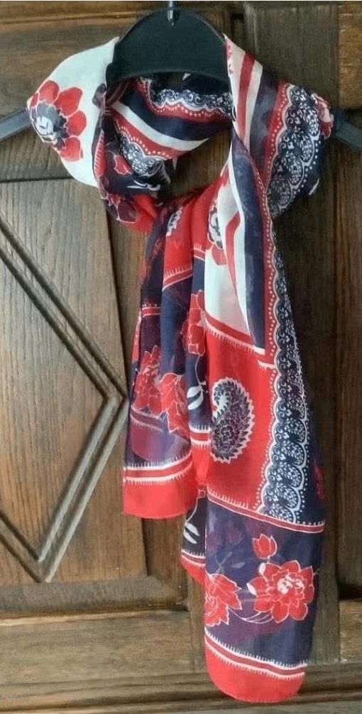 Rood-wit-blauwe sjaal, shawl, das; Kurt Kolln; 160 x 30 cm, Ophalen of Verzenden, Zo goed als nieuw, Maat 38/40 (M), Sjaal