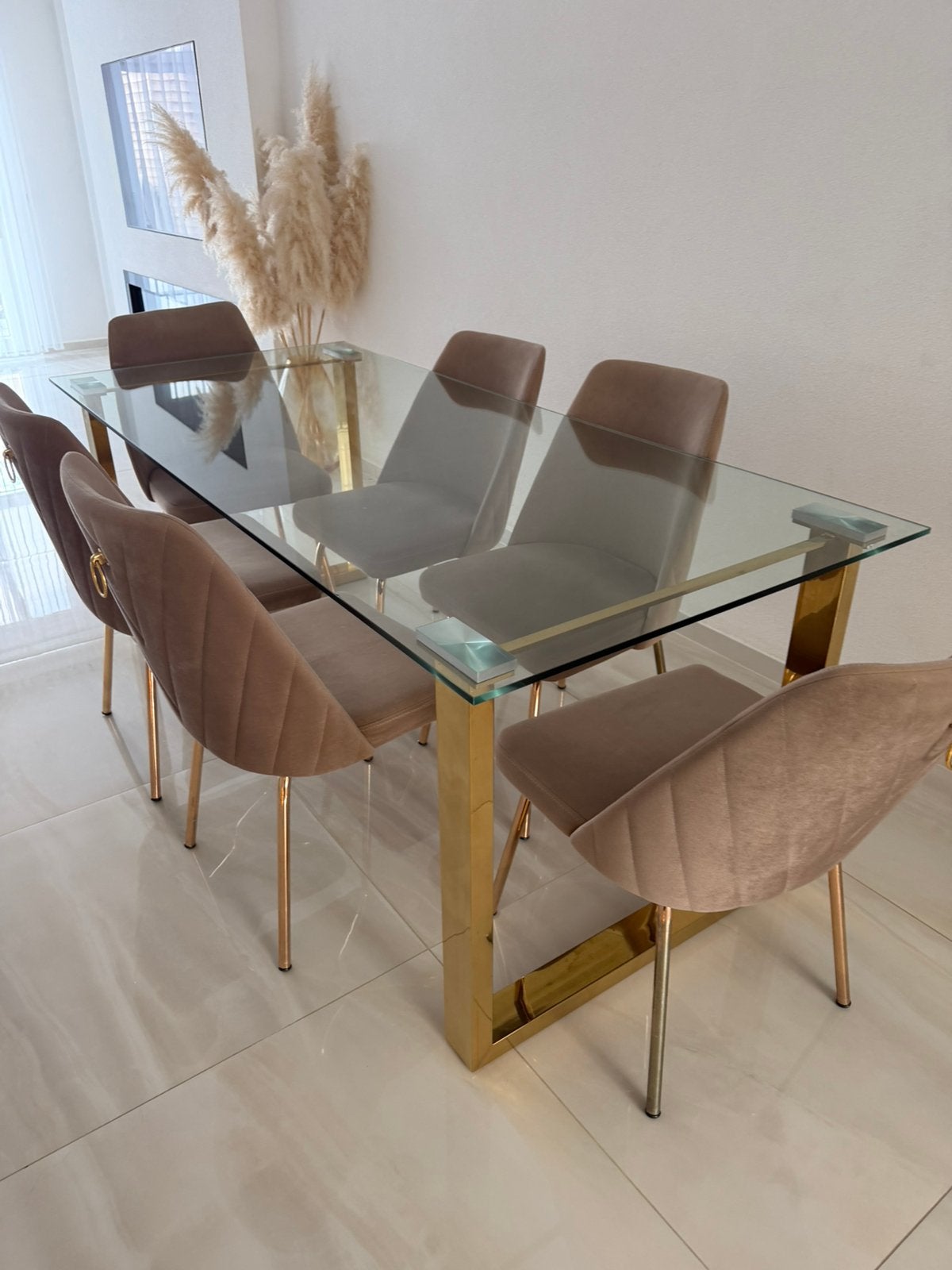 Eettafel glas met 6 stoelen, Ophalen, Zo goed als nieuw, Rechthoekig, Glas
