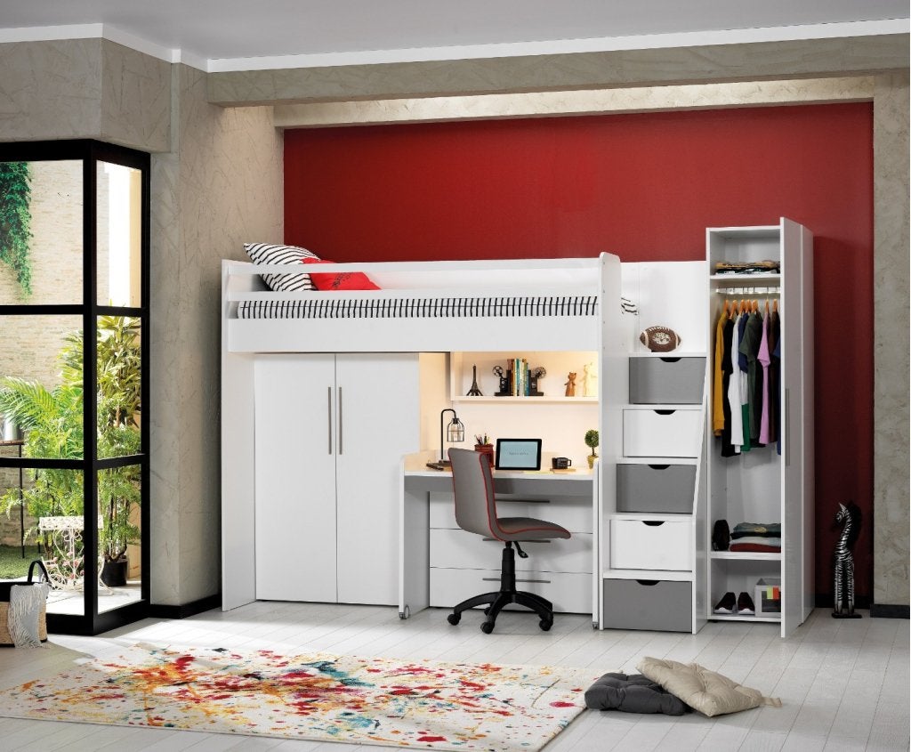 Neo hoogslaper met bureau en twee kledingkasten - 90x200 - W, Niet ingevuld, Niet ingevuld, Niet ingevuld