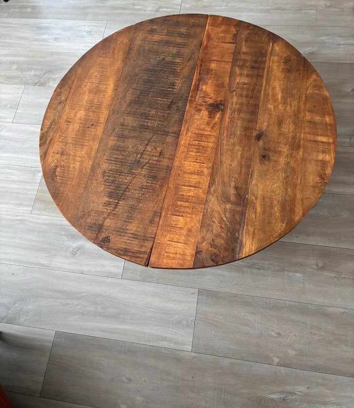Ronde mango houten bijzettafel/salontafel, Huis en Inrichting, Tafels | Eettafels, Ophalen, Gebruikt, Rond, Tot twee personen