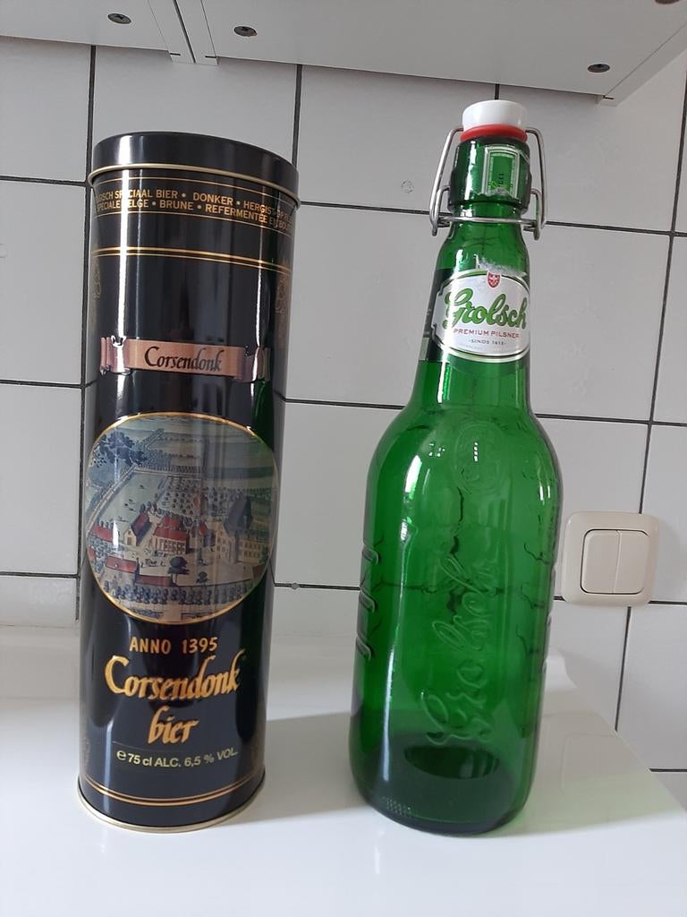 Grolsch beugelfles en Corsendonk bierblik, Verzamelen, Biermerken, Gebruikt, Flesje(s), Grolsch, Ophalen of Verzenden