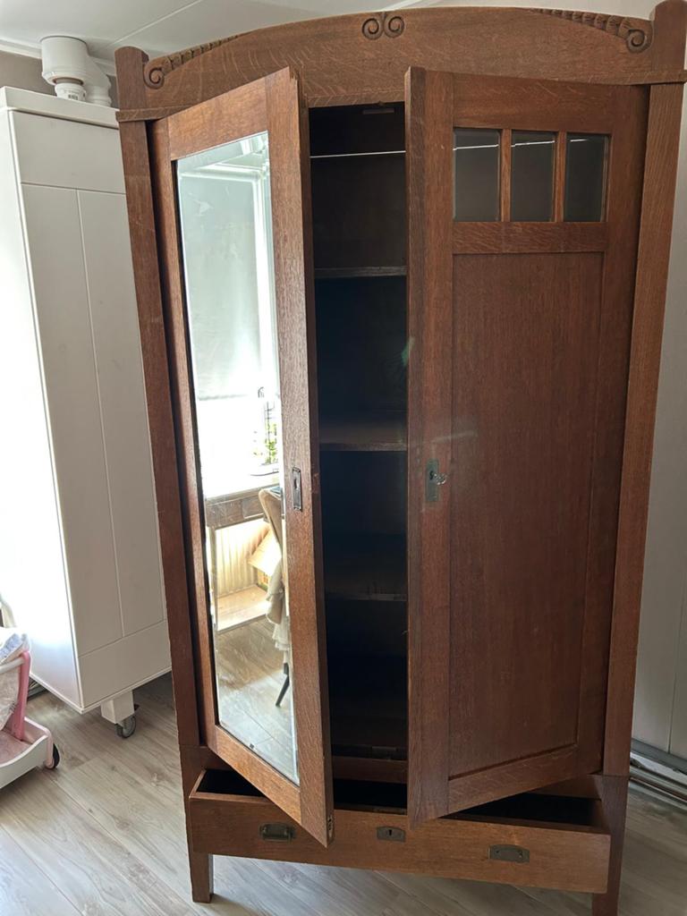 Antieke Eikenhouten kast met spiegel en lade, Ophalen