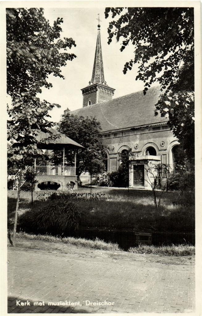 Kerk met muziektent, Dreischor - ongelopen, Ophalen of Verzenden, 1960 tot 1980, Ongelopen, Zeeland