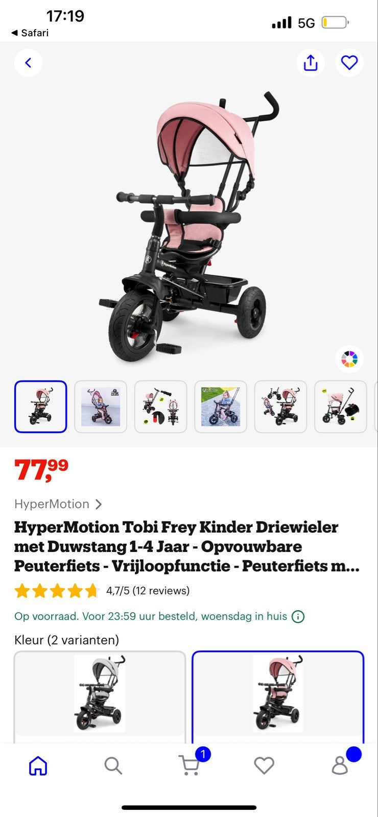 Nieuwe HyperMotion Kinderdriewieler Roze - Met Duwstang, Ophalen, Nieuw, Duwstang