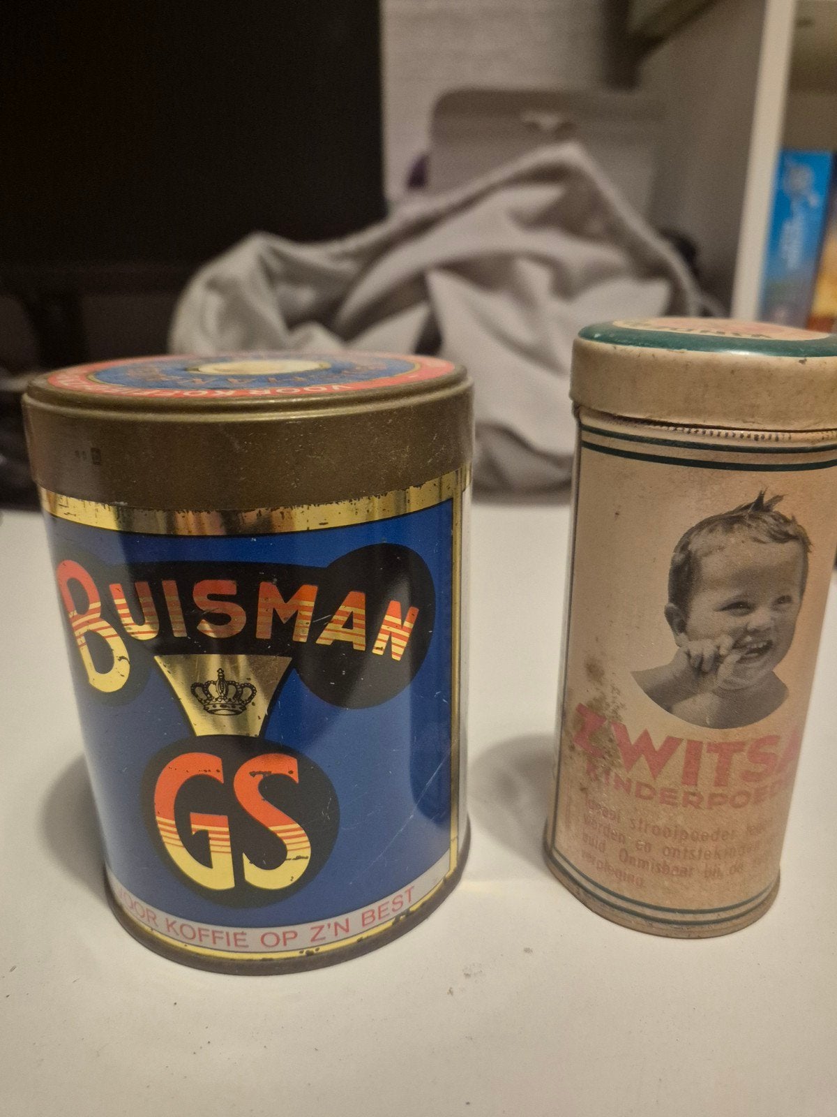 2 Oude blikken: Buismans GS en Zwitsal Kinderpoeder, Ophalen of Verzenden, Gebruikt, Koffie, Overige merken