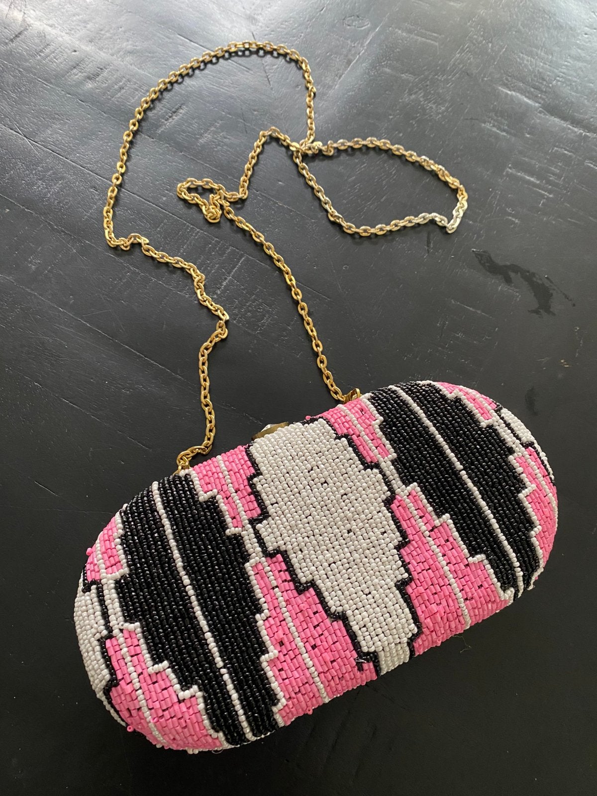 Clutch/tasje, metaal /kraaltjes,roze/wit/zwart, nieuw, Ophalen