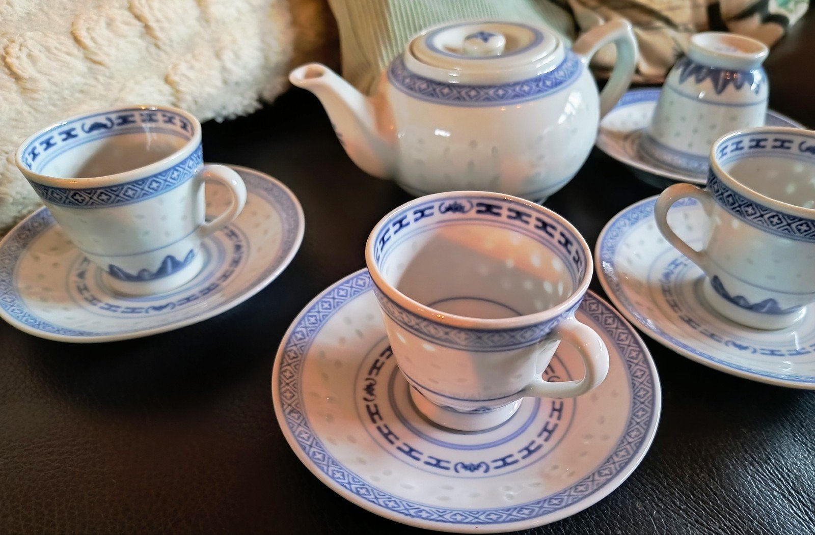 Vintage Chinees porseleinen theeservies - Rijstkorrelmotief, Ophalen of Verzenden