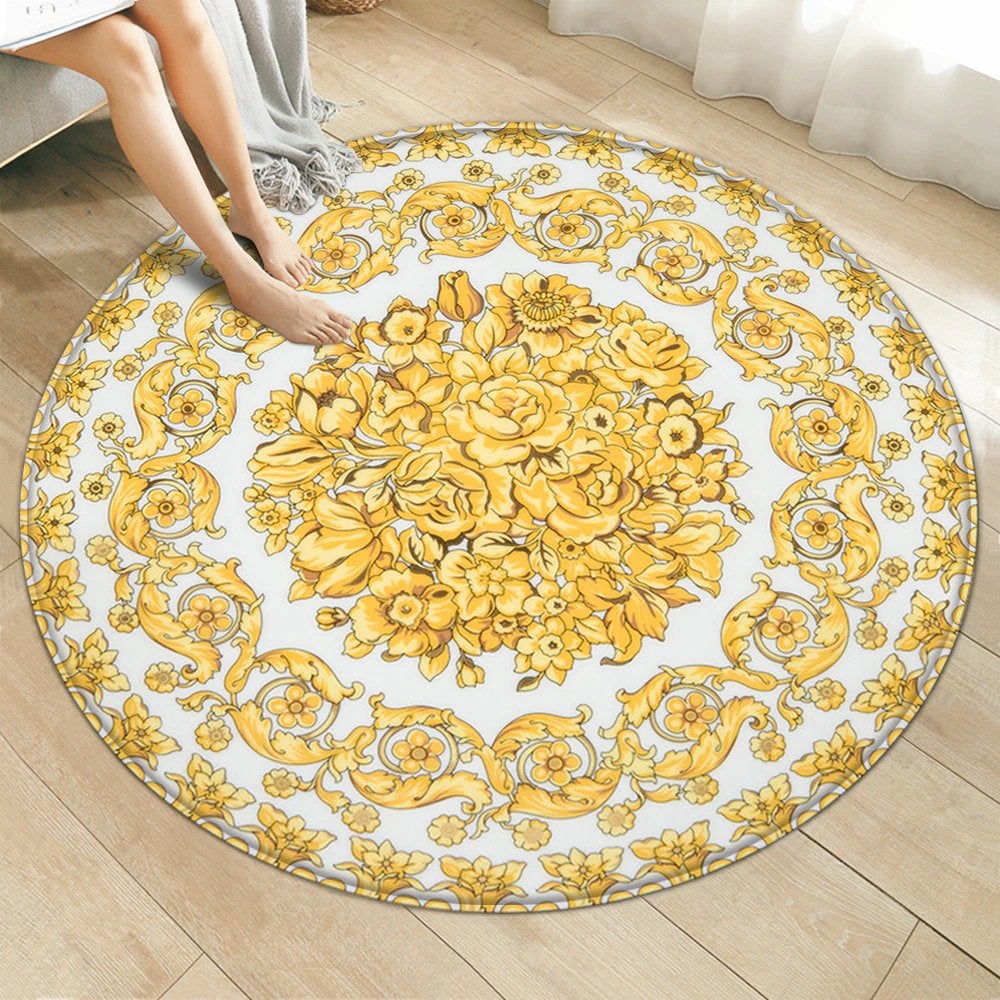 Wit Goud Bloemen Barok Rond Vloerkleed Kleed Tapijt Luxe, 100 tot 150 cm, Verzenden, Overige kleuren, 150 tot 200 cm