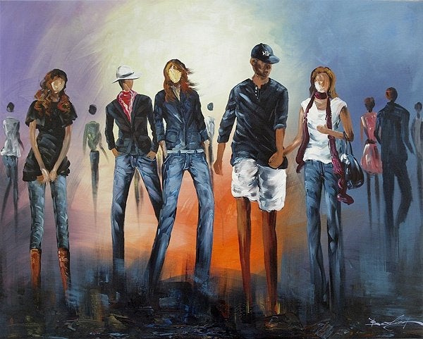 An Evening Out with Friends van Bolay gesigneerd schilderij, Ophalen, Gesigneerd, Acrylverf, Figuren