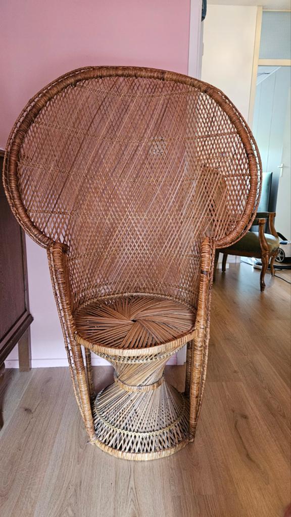 Vintage rotan pauwenstoel - bohemian stijl, Ophalen, Gebruikt, Bruin, Riet of Rotan