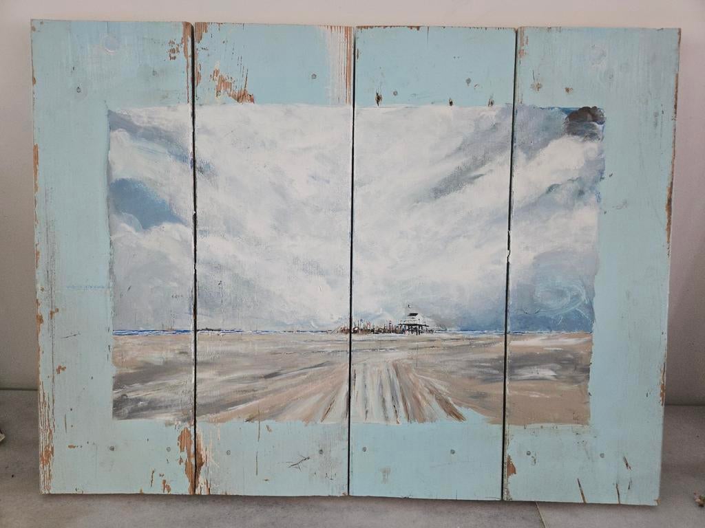 Schilderij op drijfhout Vlieland 60x 55 Ike Kuiper, Ophalen of Verzenden