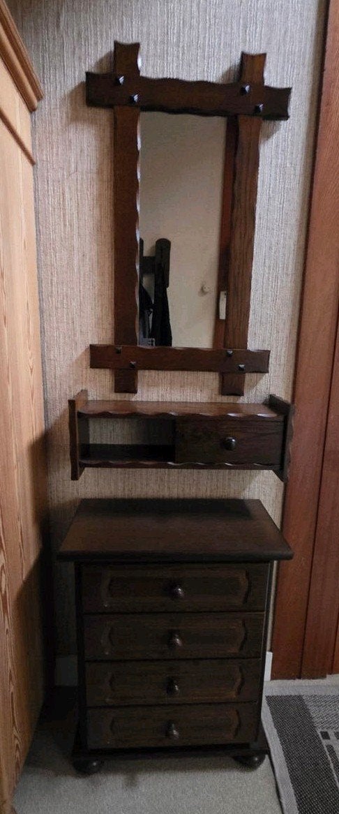Vintage houten spiegel met ladekastje en kaptafel., Ophalen, Gebruikt, 100 tot 150 cm, Rechthoekig