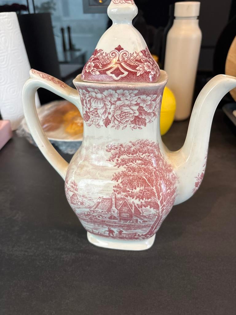 Grindley Antieke koffiepot met landschap en bloemmotief, Ophalen of Verzenden