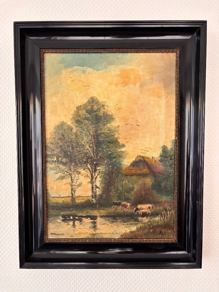 Antiek schilderij landschap, boerderij en koeien. G. Hageman, Antiek en Kunst, Kunst | Schilderijen | Klassiek, Nederlandse school