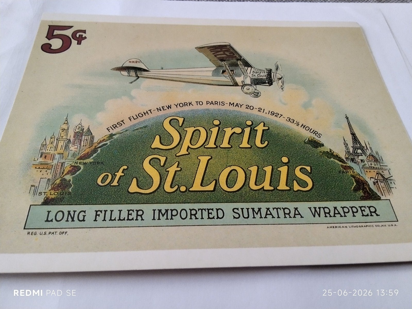 Vintage Sigarenmerk 'Spirit of St. Louis' Label - 1927, Ophalen of Verzenden, 1920 tot 1940, Overige thema's