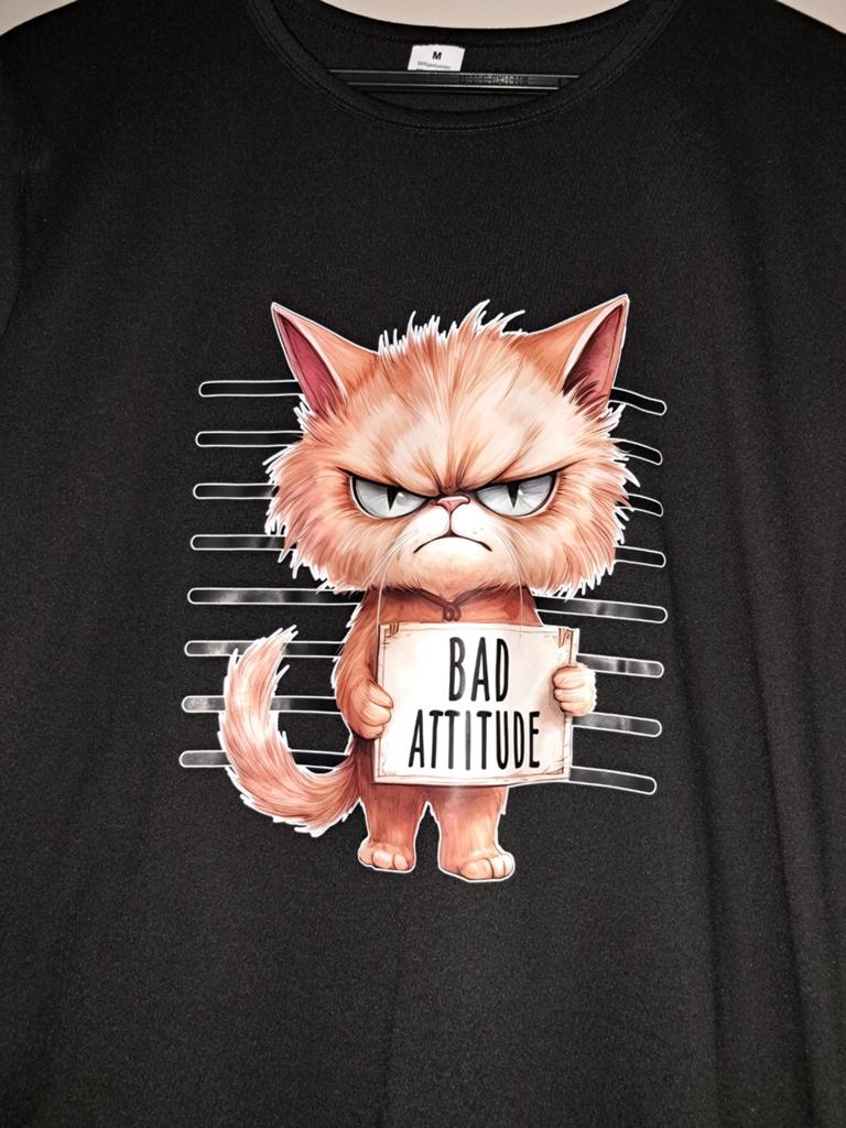 Zwart T-shirt met 'Bad Attitude' kat print, Maat 38/40 (M), Zwart, Nieuw, Ophalen of Verzenden