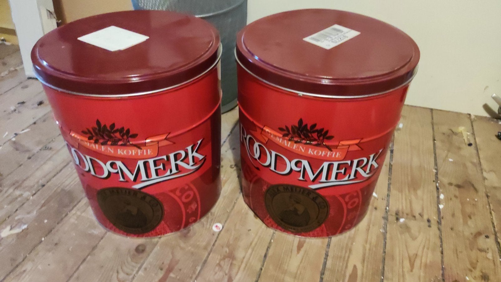 Zeer grote Roodmerk koffieblikken (2 stuks), Verzamelen, Ophalen, Gebruikt, Overige