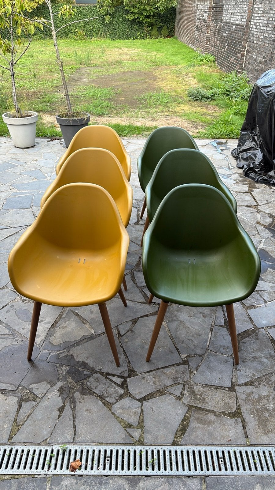 Set van 6 design stoelen - Olijfgroen en Mosterdgeel, Ophalen, Gebruikt, Overige kleuren, Vijf, Zes of meer stoelen