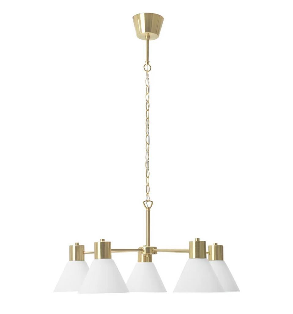 IKEA Flugbo hanglamp, messingkleurig met 5 witte kappen, Ophalen of Verzenden, Zo goed als nieuw, Metaal, 50 tot 75 cm