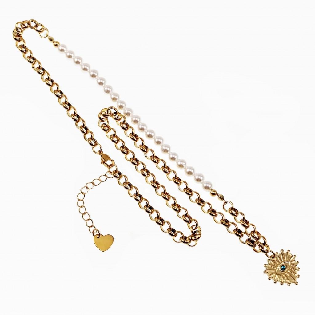 Ketting Dames Verguld Stalen - Ronde Schakels - Witte Parels, Overige materialen, Verstelbaar, Birgitta-Gracht 33, 6465 EL Kerkrade, Nederland