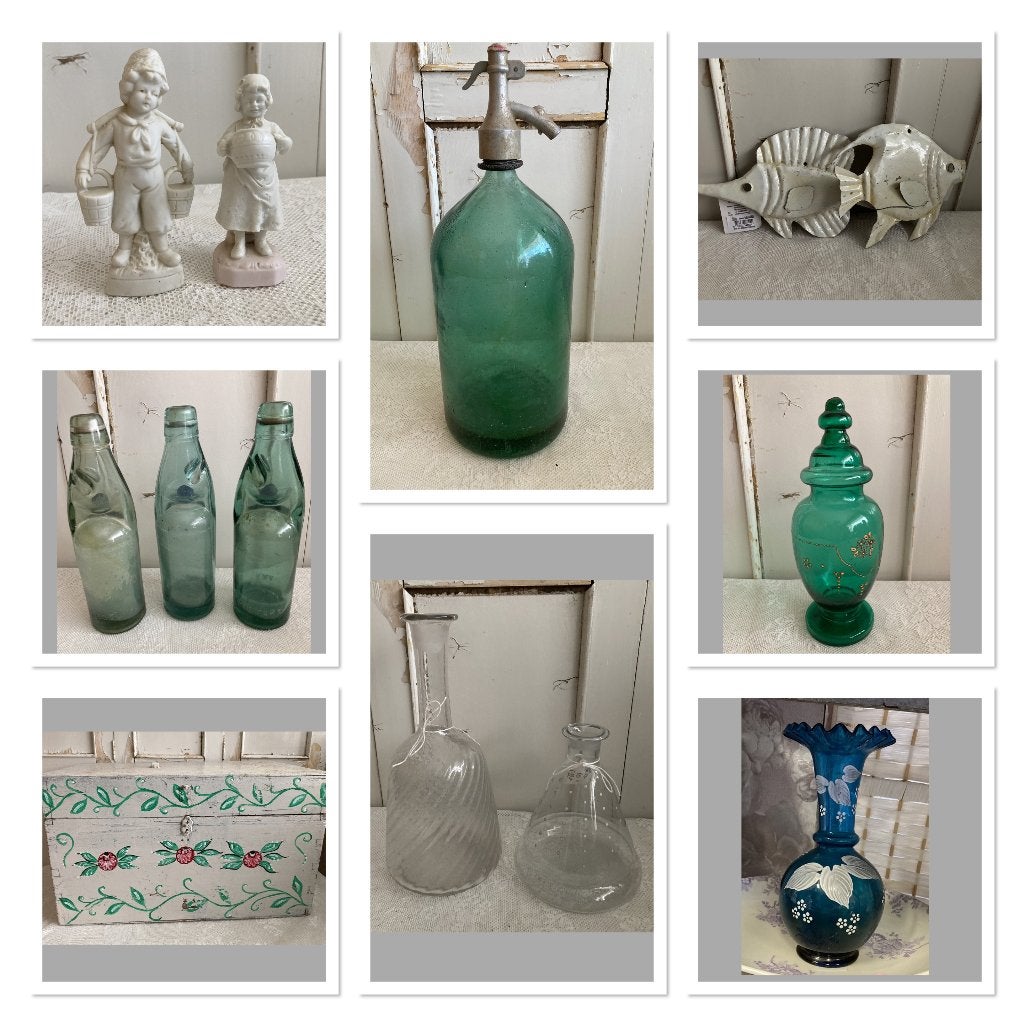 Brocante spuitfles - beeldjes - knikkerflesjes - kist - vis, Ophalen of Verzenden