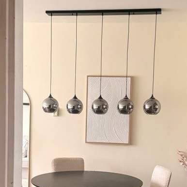 Moderne hanglamp met 5 glazen bollen, Ophalen, Zo goed als nieuw, Glas, Overige fittingen