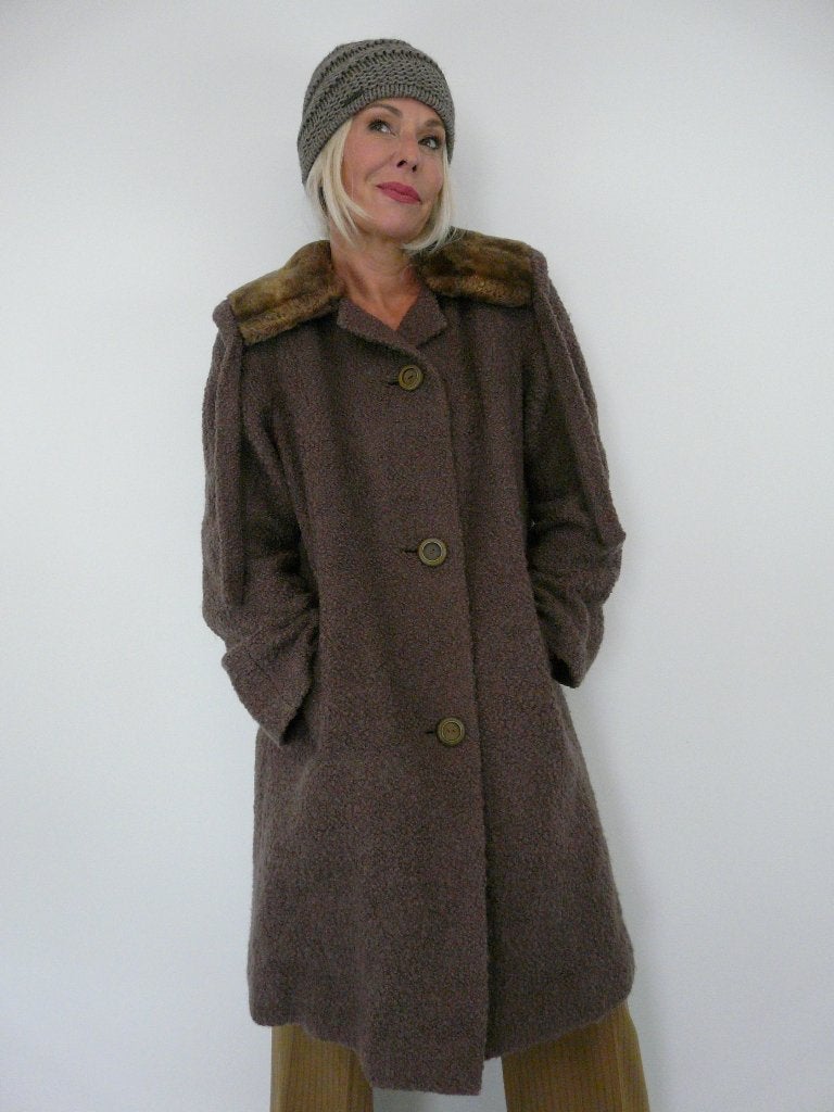 *Abfab Vintage Wollen Mantel uit de 60's L*, Bruin, Maat 42/44 (L), Ophalen of Verzenden, Zo goed als nieuw
