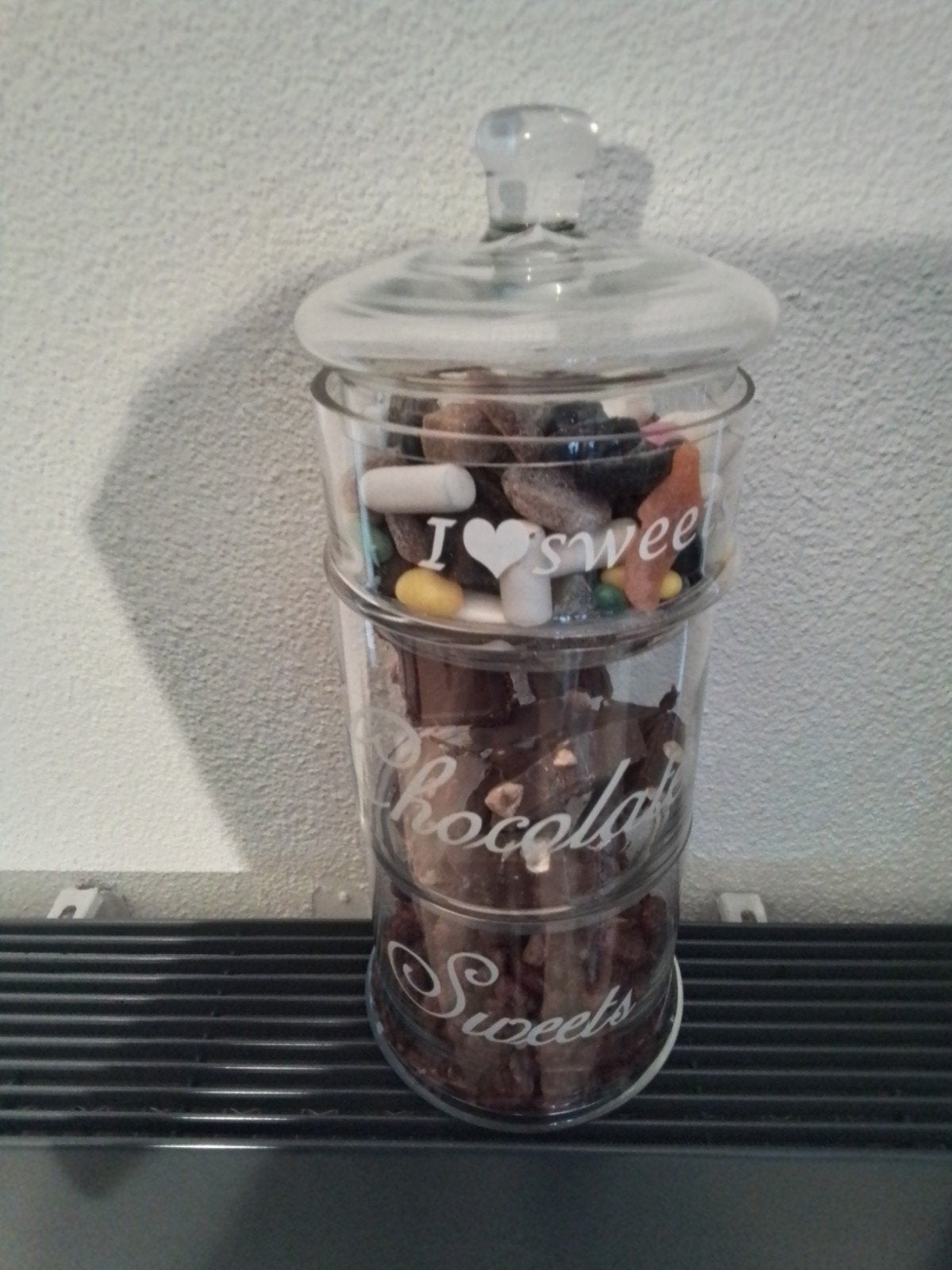 3-delige glazen snoeppot met deksel 5 euro, Gebruikt, Met deksel, Rond, Pot of Kruik