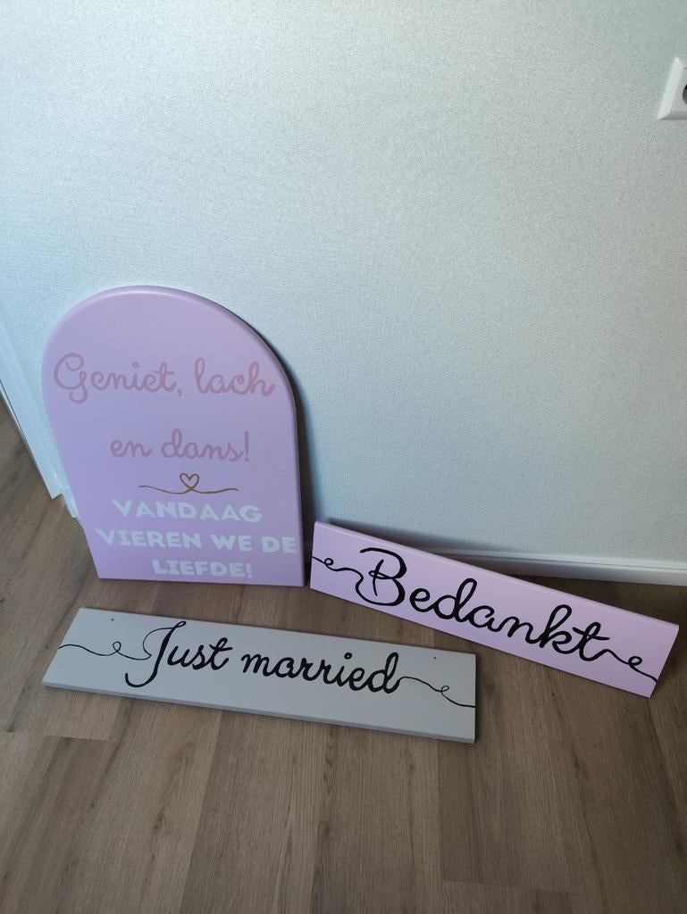 Borden trouwerij, Just Married, Ophalen of Verzenden, Versiering, Geboorte of Huwelijk