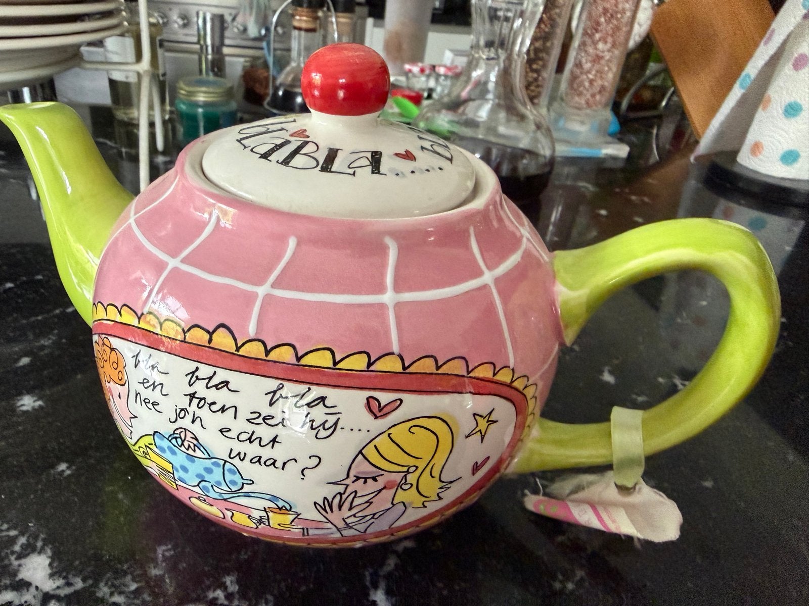 Blond Amsterdam Theepot - "Bla Bla Bla" Design, Nieuw, Steen/keramiek, Meerkleurig, Ophalen