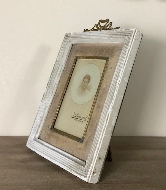 Antiek Frans strik lijstje met originele portretfoto ca 1880, Ophalen of Verzenden