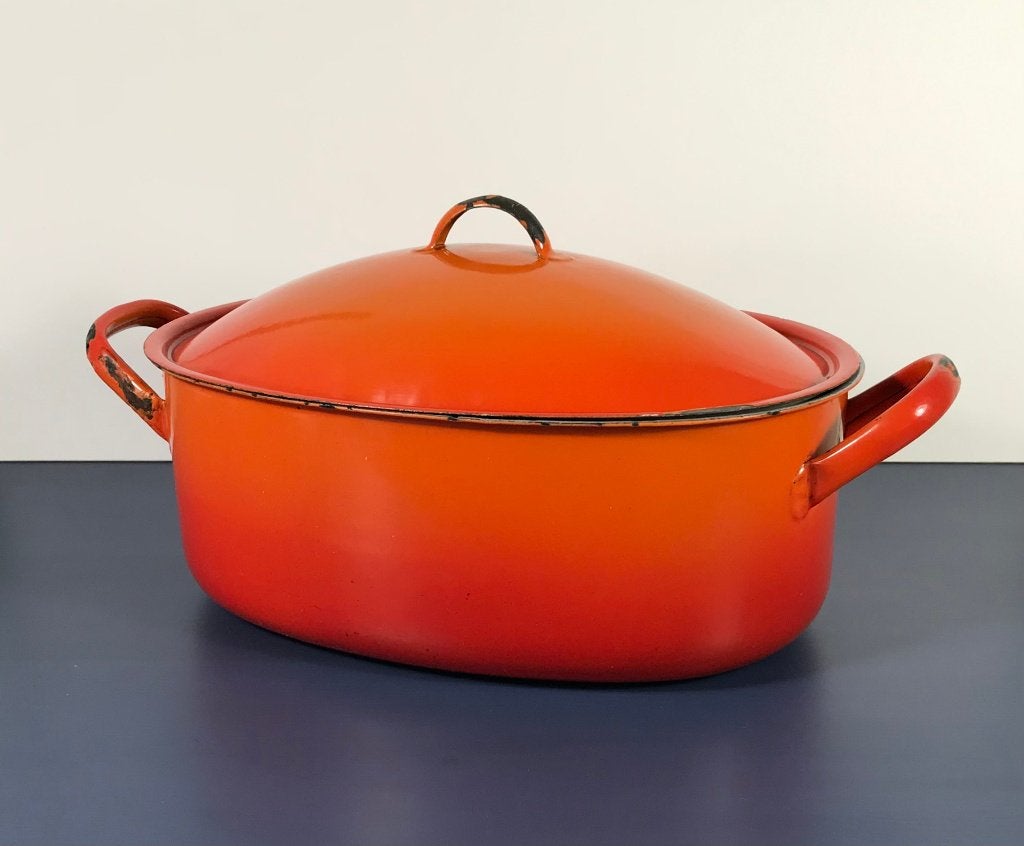 Vintage oranje ovale pan met deksel, Ophalen of Verzenden, Gebruikt, Emaille, Braadpan
