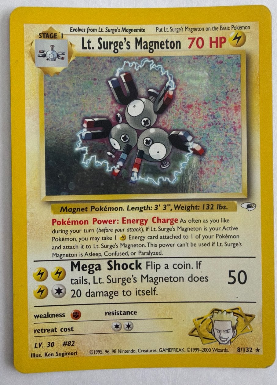 Lt. Surge’s Magneton Holo 8/132 - Gym Heroes - Near Mint, Ophalen of Verzenden, Gebruikt, Losse kaart