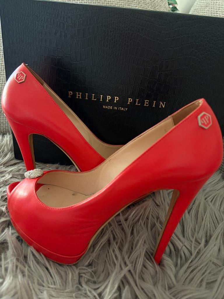 Philipp Plein rode pumps met open neus maat 38, Ophalen of Verzenden, Gedragen, Rood, Pumps