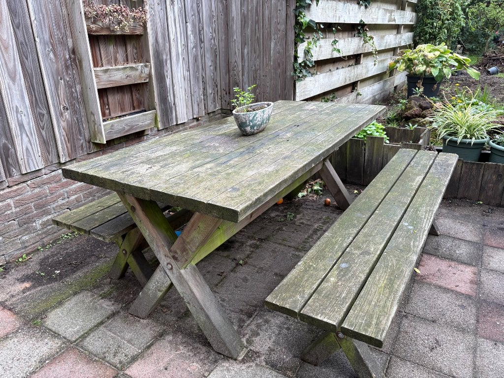 Houten picknicktafel + 2 banken, Ophalen, Gebruikt, Rechthoekig, Hout