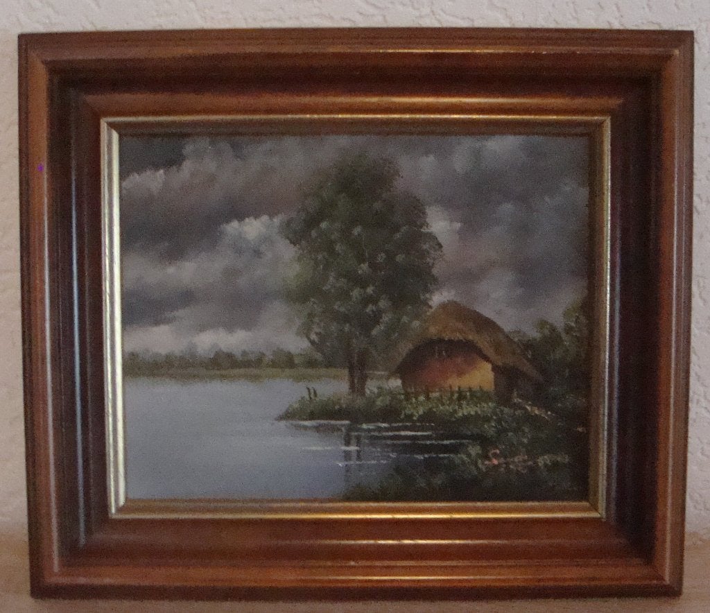 Schilderij: boerderij aan de ven  aan het water - ingelijst, Realistisch, Overige ondergronden, Ophalen of Verzenden, Gesigneerd