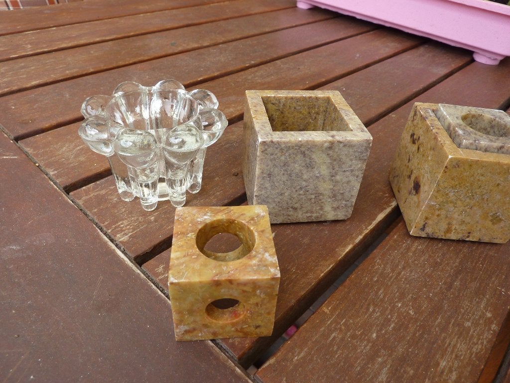 oude dikke kandelaars glas-marmer ?, Antiek en Kunst, Antiek | Kandelaars, Ophalen of Verzenden, Glas