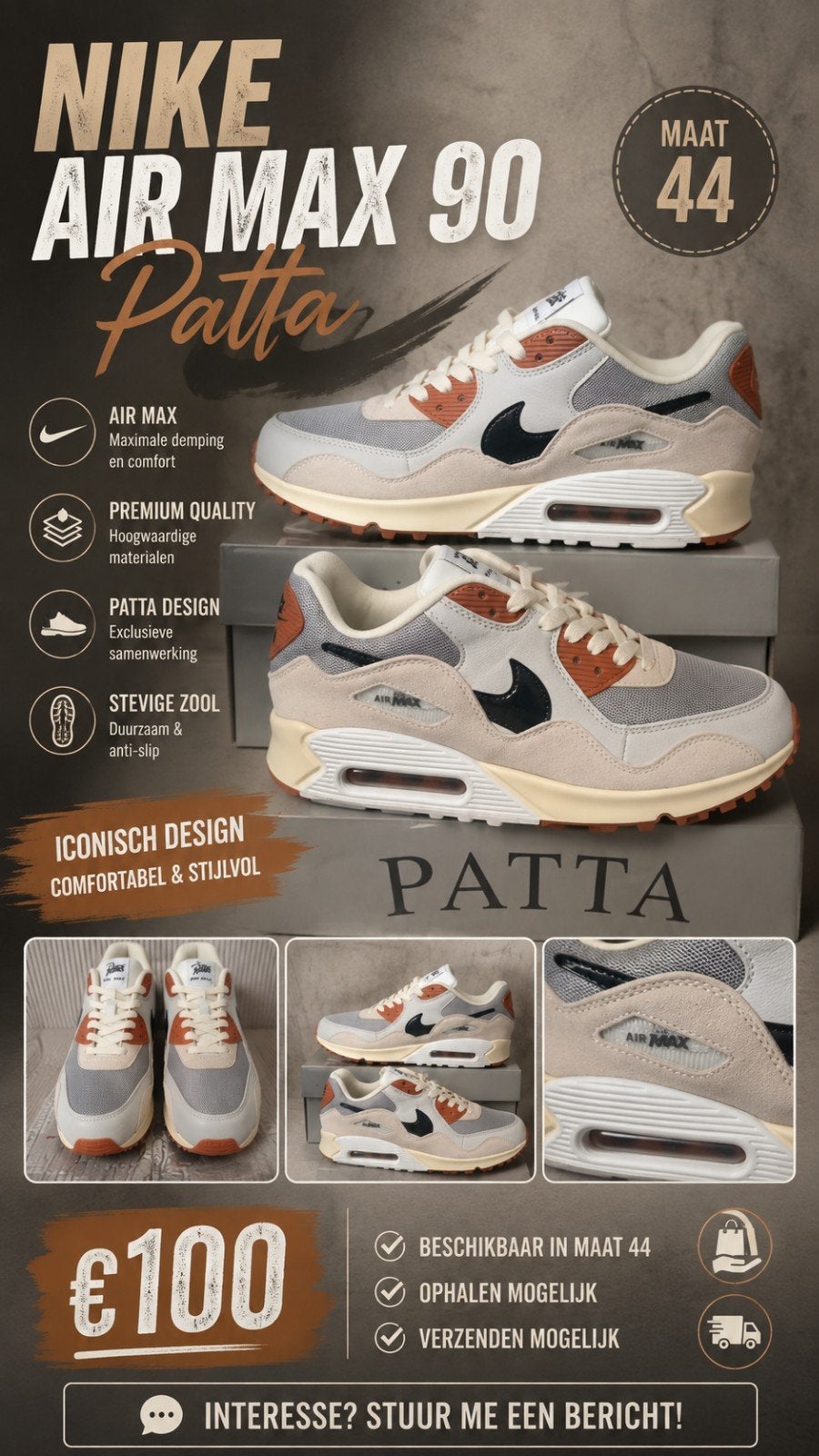 Nike Air Max 90 Patta - Nieuw in doos, maat 44, Kleding | Heren, Schoenen, Overige kleuren, Nike, Nieuw, Ophalen of Verzenden