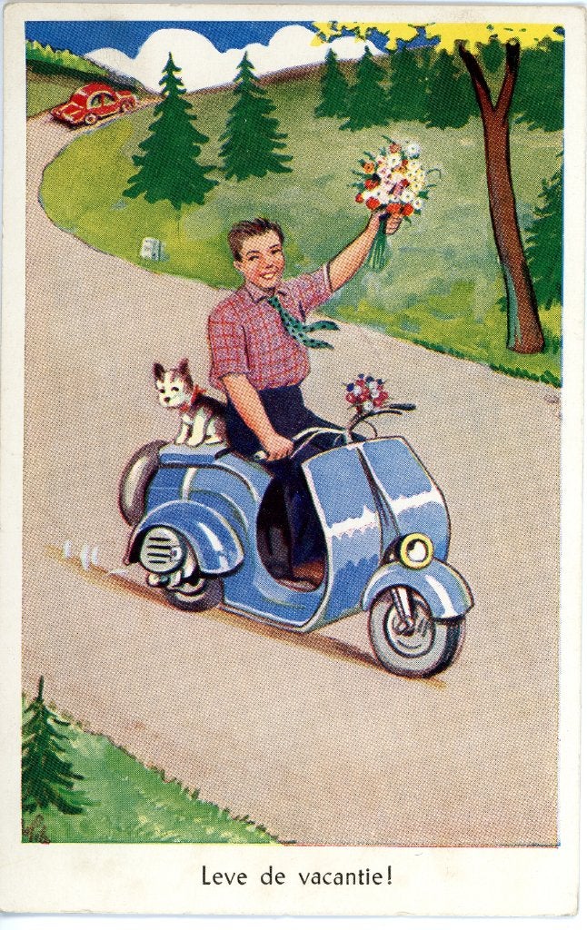Ansichtkaart "Leve de Vacantie" - Vespa ScooterJaren '50, Ophalen of Verzenden, 1940 tot 1960, Ongelopen, Feest(dag)