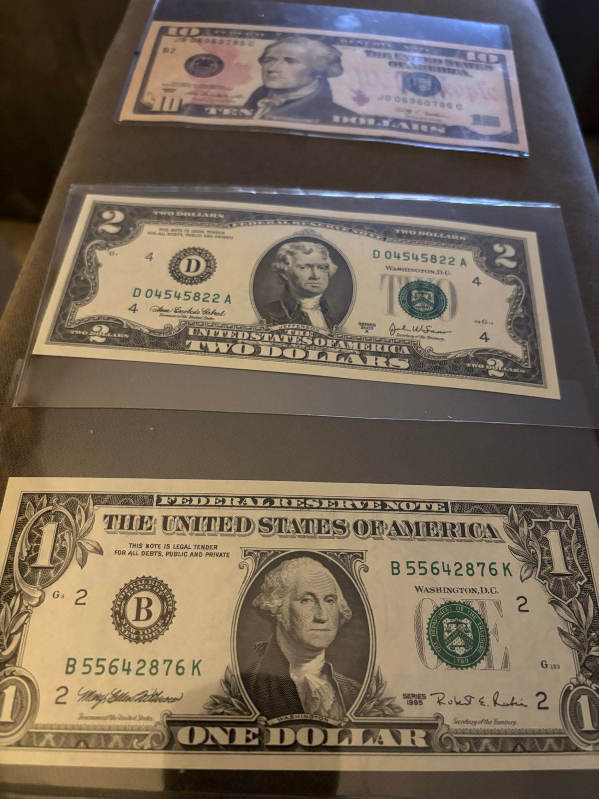 Amerikaanse bankbiljetten: 1, 2 en 10 dollar UNC, Ophalen, Noord-Amerika, Setje