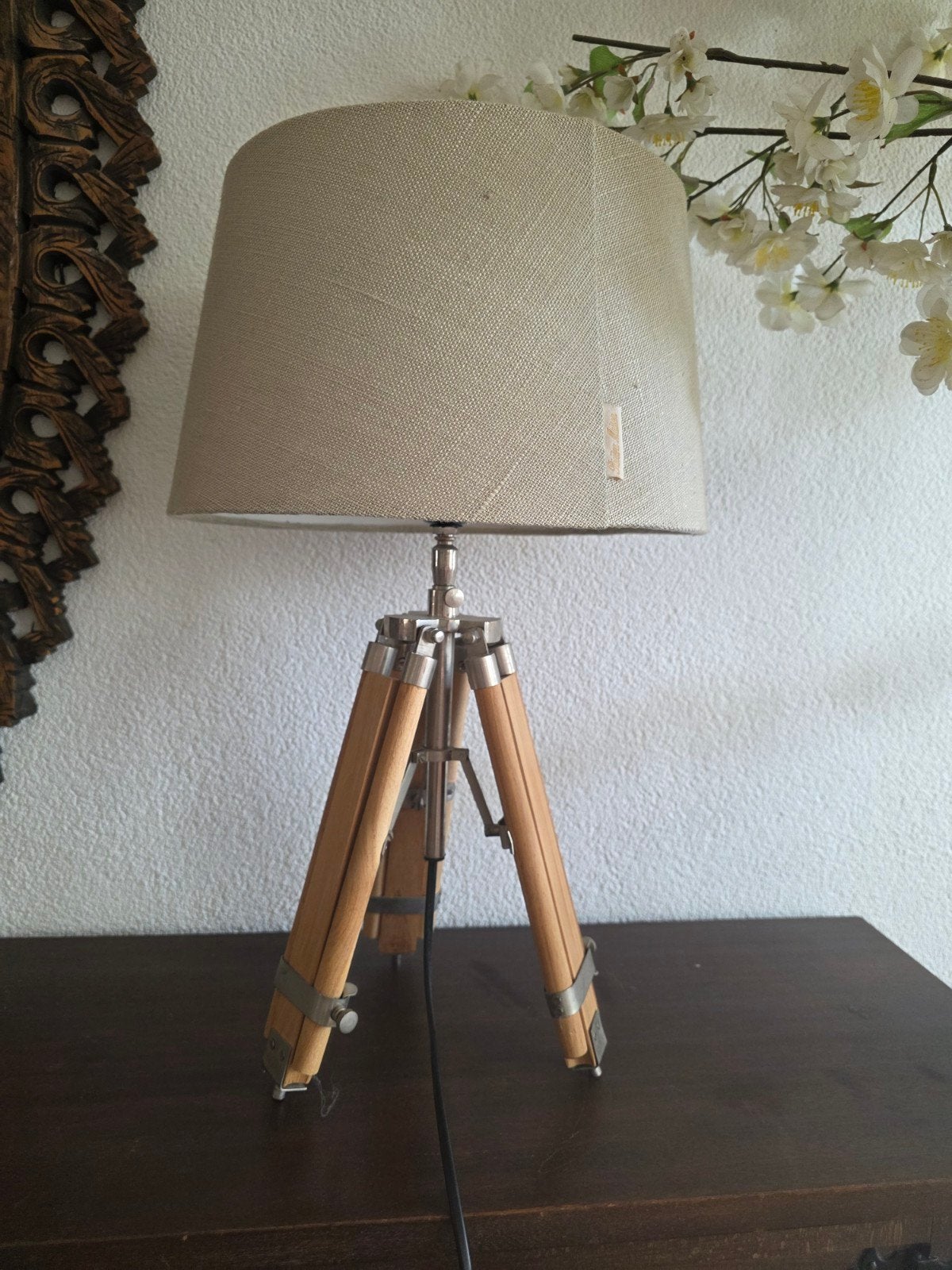 Riviera Maison Tafellamp met stoffen kap en houten statief, Riviera Maison, Zo goed als nieuw, Met kap, Schemerlamp